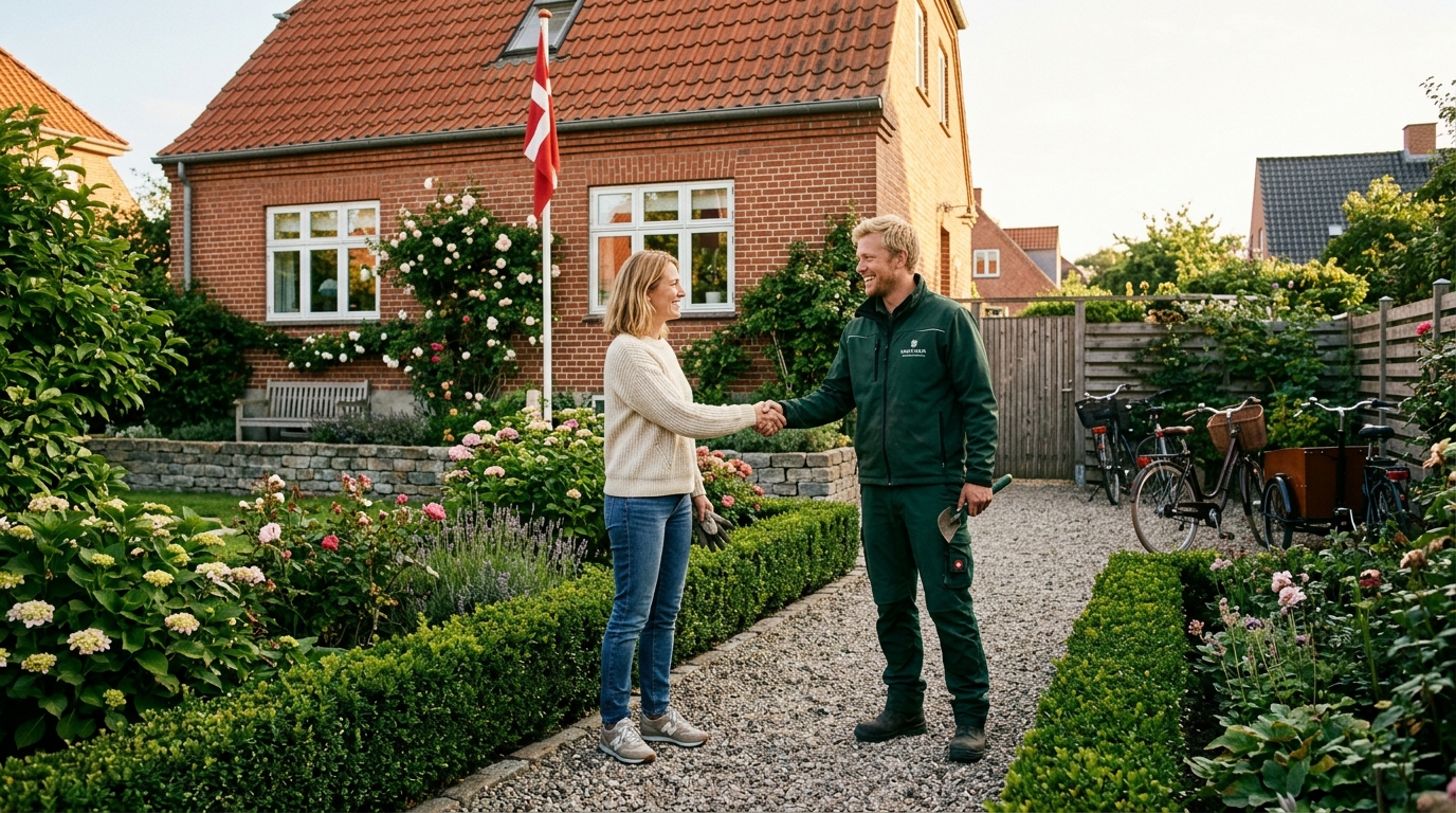 Gartner giver hånd til kunde foran dansk villa med roser og Dannebrog