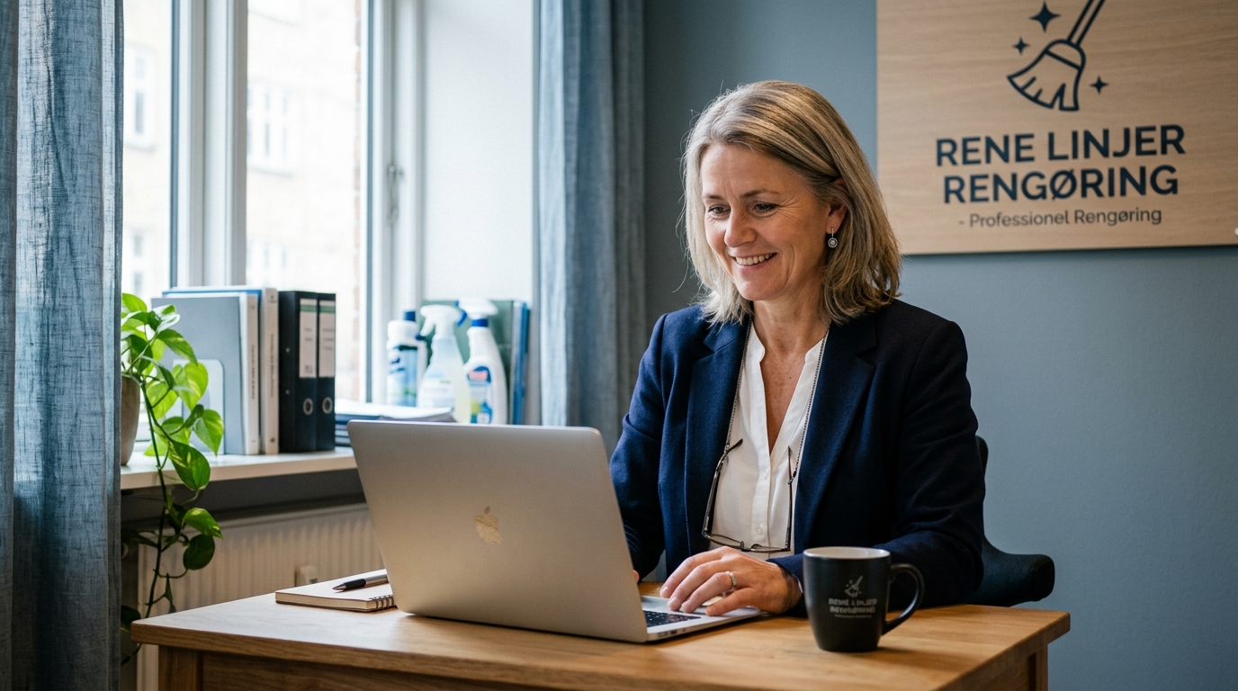 Rengøringsfirma-ejer ved laptop i sit kontor