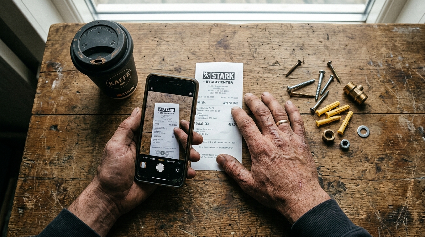 Håndværker scanner kvittering fra byggemarked — overhead flat-lay