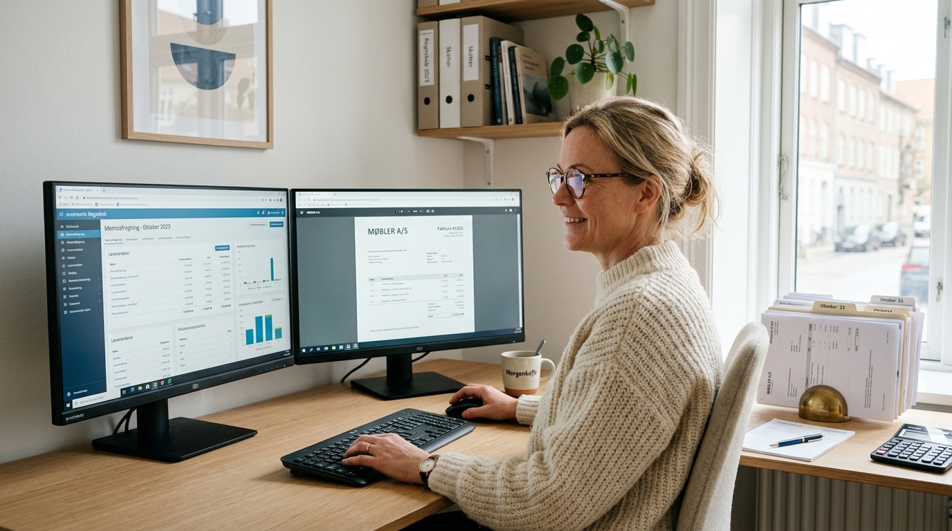 Bogholder med dobbeltskærm i dansk kontor